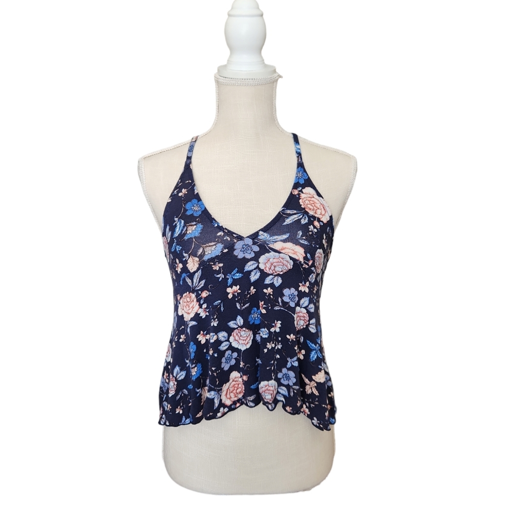SO Navy Floral Skinny Strap Racerback Tank - X-Small